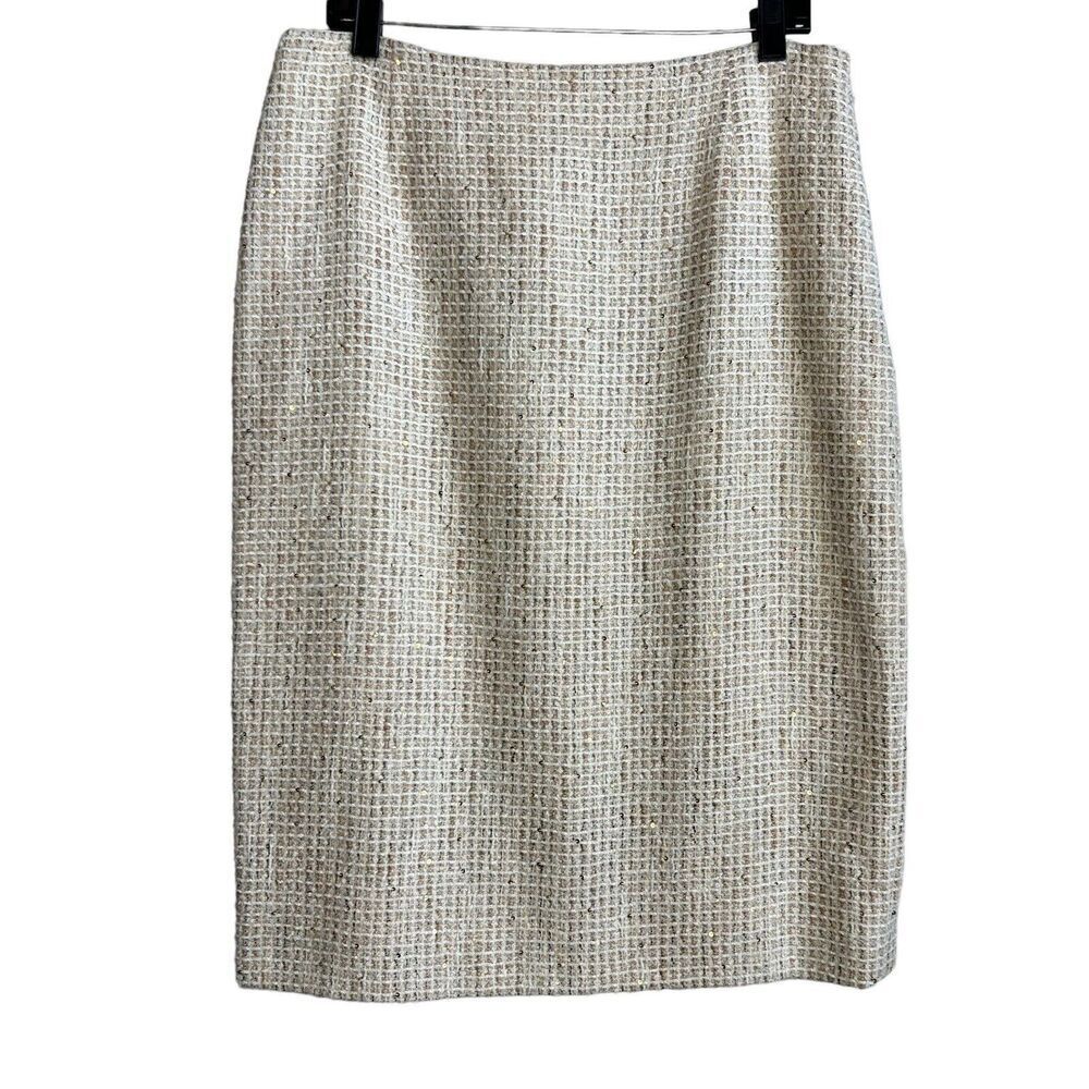 Escada Pencil Skirt Womens 42 Tweed Beige Ivory Sequin Knit Knee Length US 12